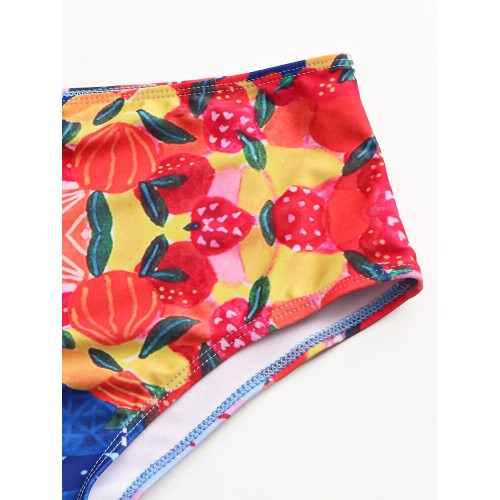 Women Tropical Leaves Print Swimsuit String Short Sleeve High Waist Bikini