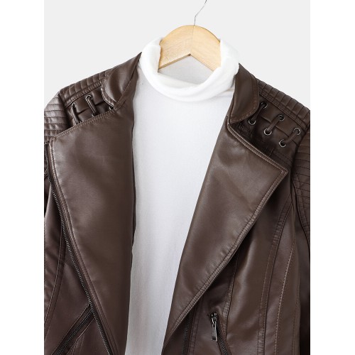 Women Faux PU Leather Solid Color Motorcycle Jacket
